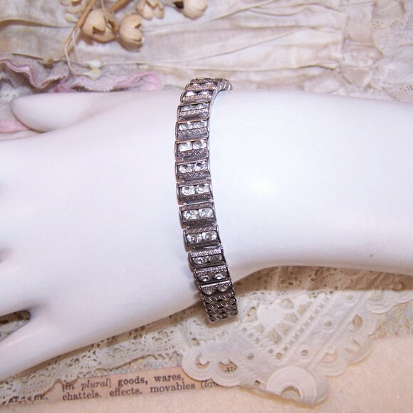 Art Deco Catamore Sterling Silver Rhinestone Line Bracelet - 7" Long - Picture 3 of 11